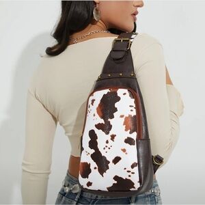 Vegan Leather Studded Vintage Cow Print Crossbody Bag